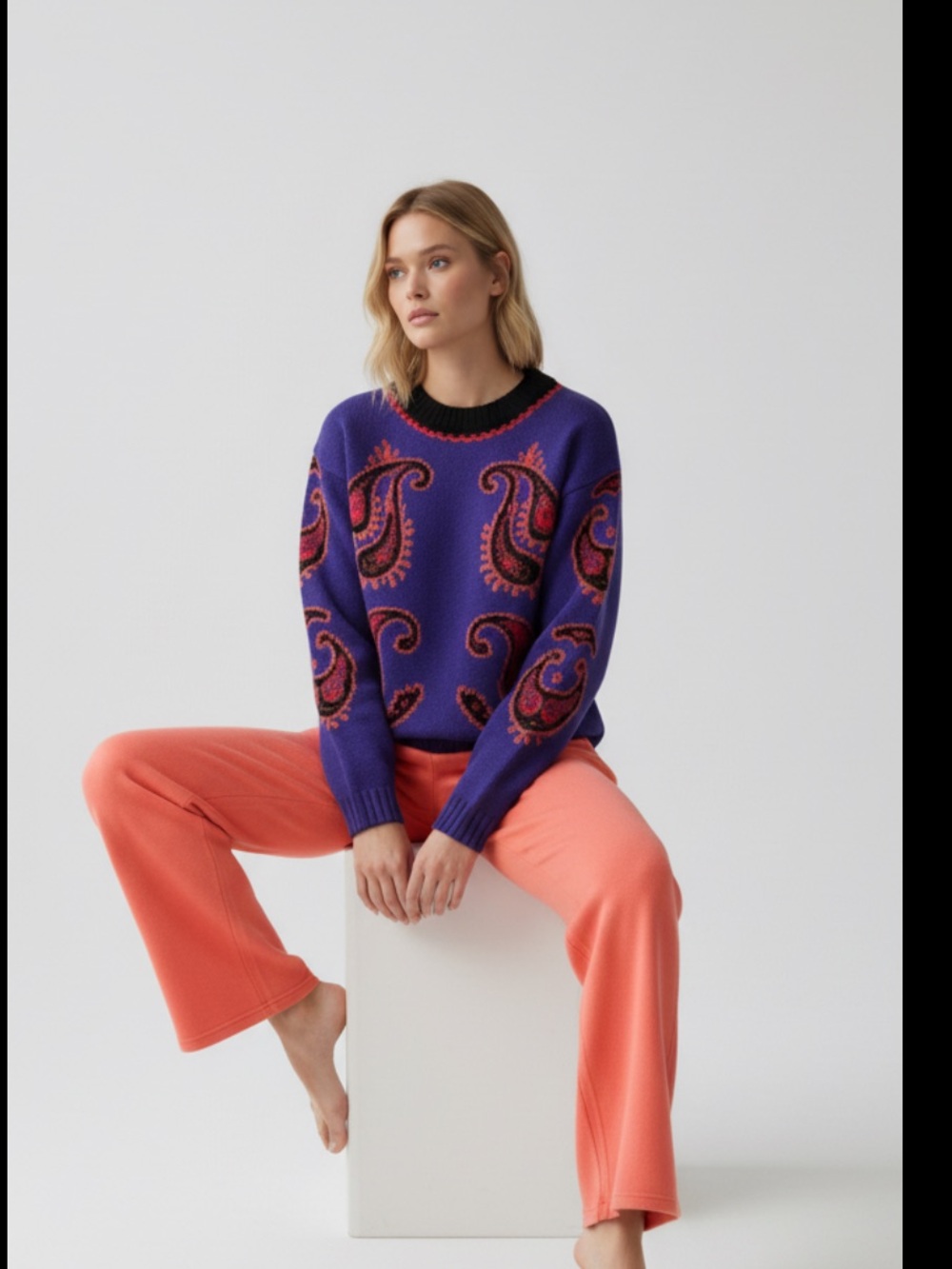 Bogner Purple Paisley-Pattern Crewneck Sweater with Pink Center